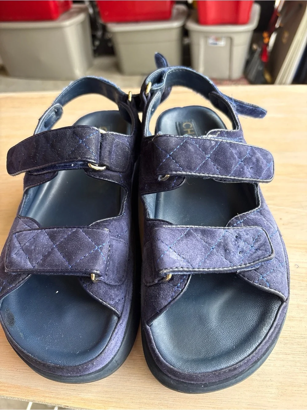 CHANEL Dark Blue Suede Quilted Platform Sandals